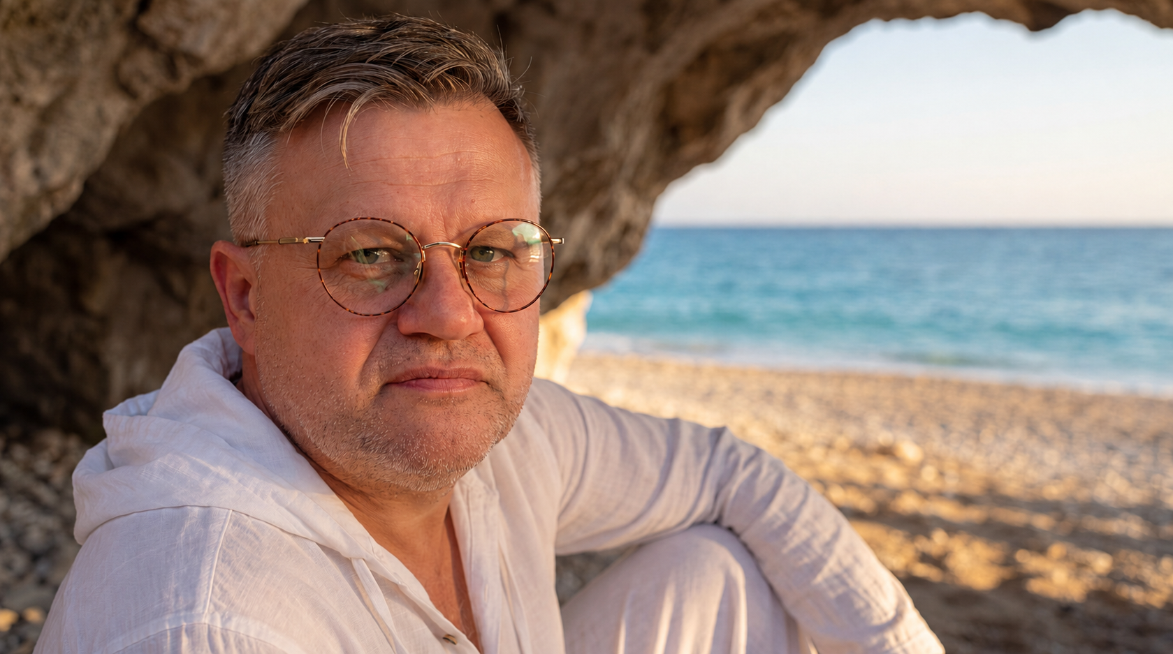 Dr Marcin Grzebyk na plaży na Ikarii — organizator LongeCamp